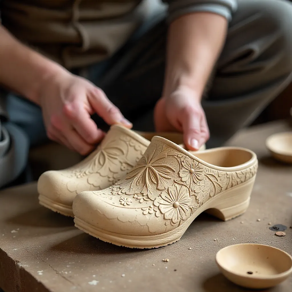 Potter shaping clogs from eco-materials